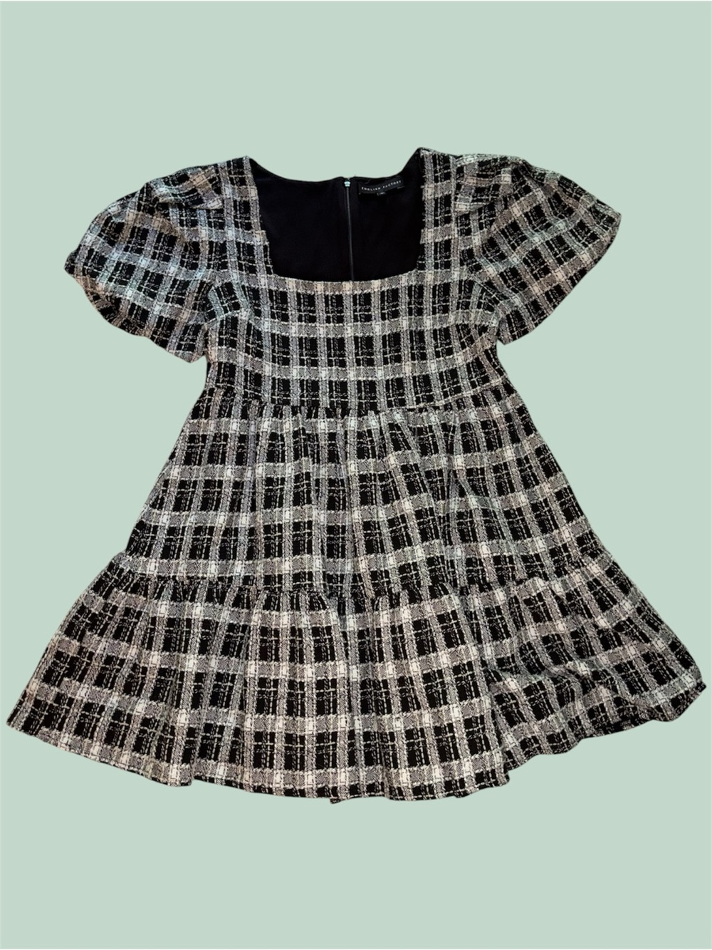 English Factory Black and White Puff Sleeve Tweed Mini Dress - Picture 3 of 10